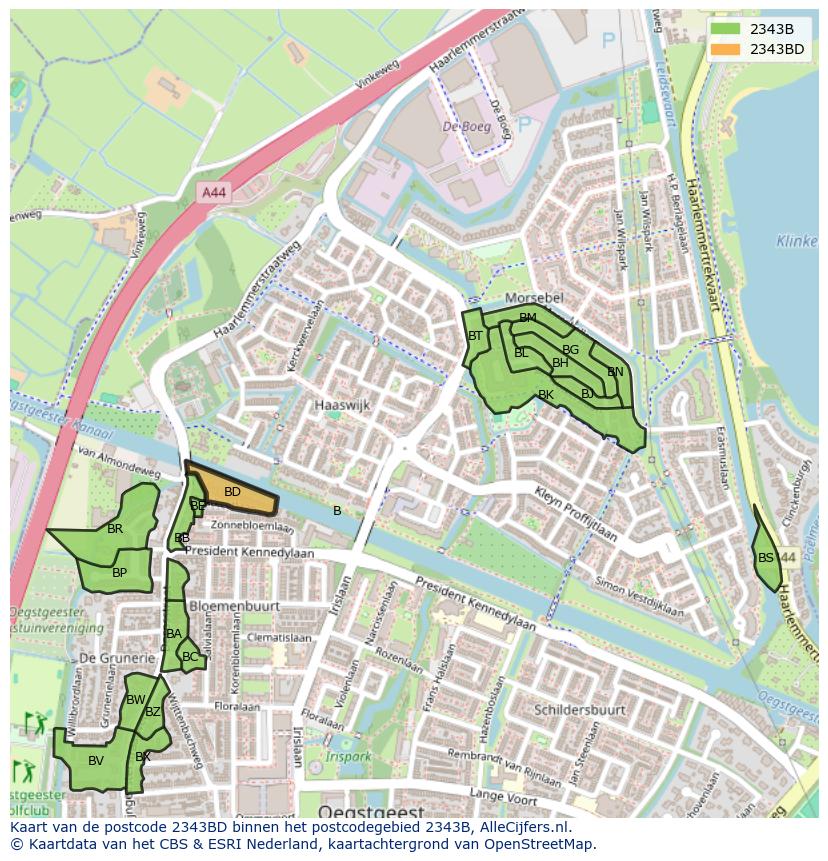 Afbeelding van het postcodegebied 2343 BD op de kaart.