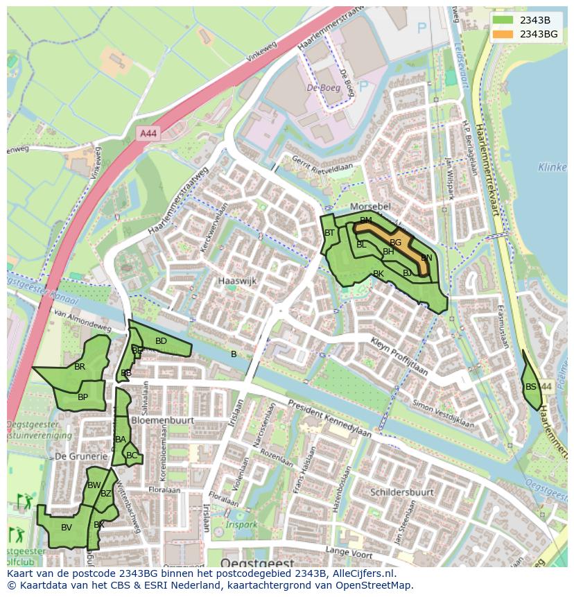 Afbeelding van het postcodegebied 2343 BG op de kaart.