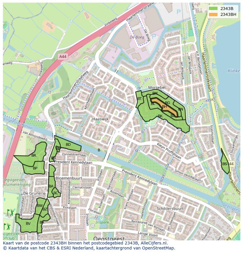 Afbeelding van het postcodegebied 2343 BH op de kaart.