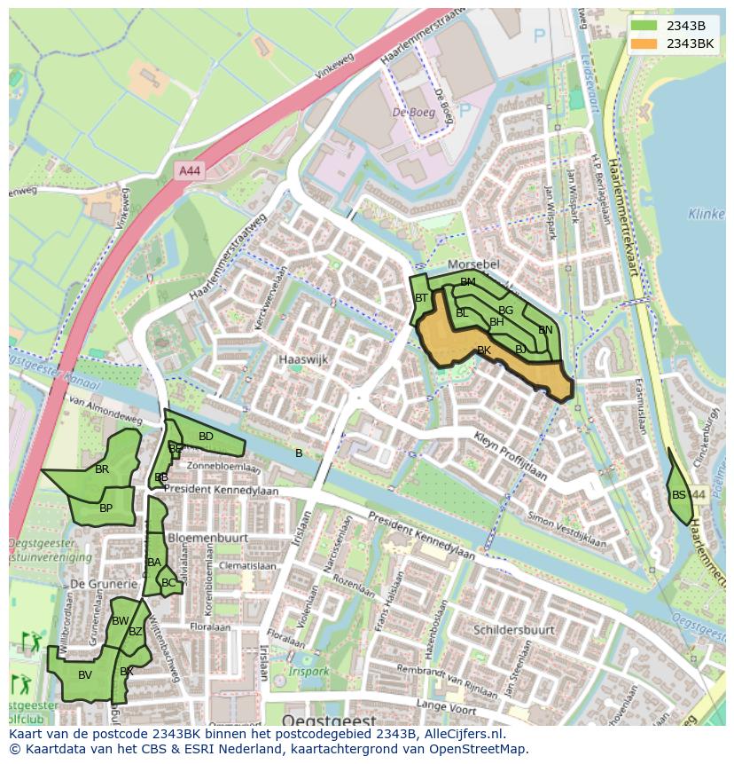 Afbeelding van het postcodegebied 2343 BK op de kaart.