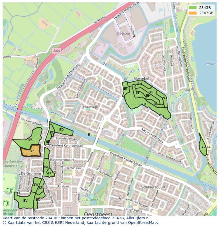 Afbeelding van het postcodegebied 2343 BP op de kaart.