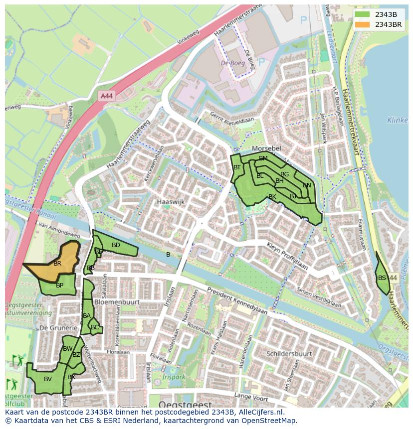 Afbeelding van het postcodegebied 2343 BR op de kaart.
