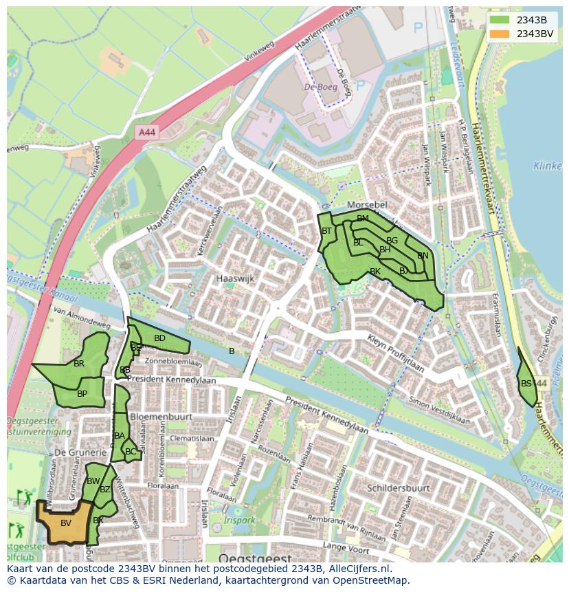 Afbeelding van het postcodegebied 2343 BV op de kaart.
