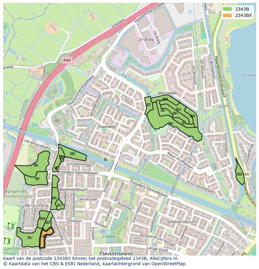 Afbeelding van het postcodegebied 2343 BX op de kaart.