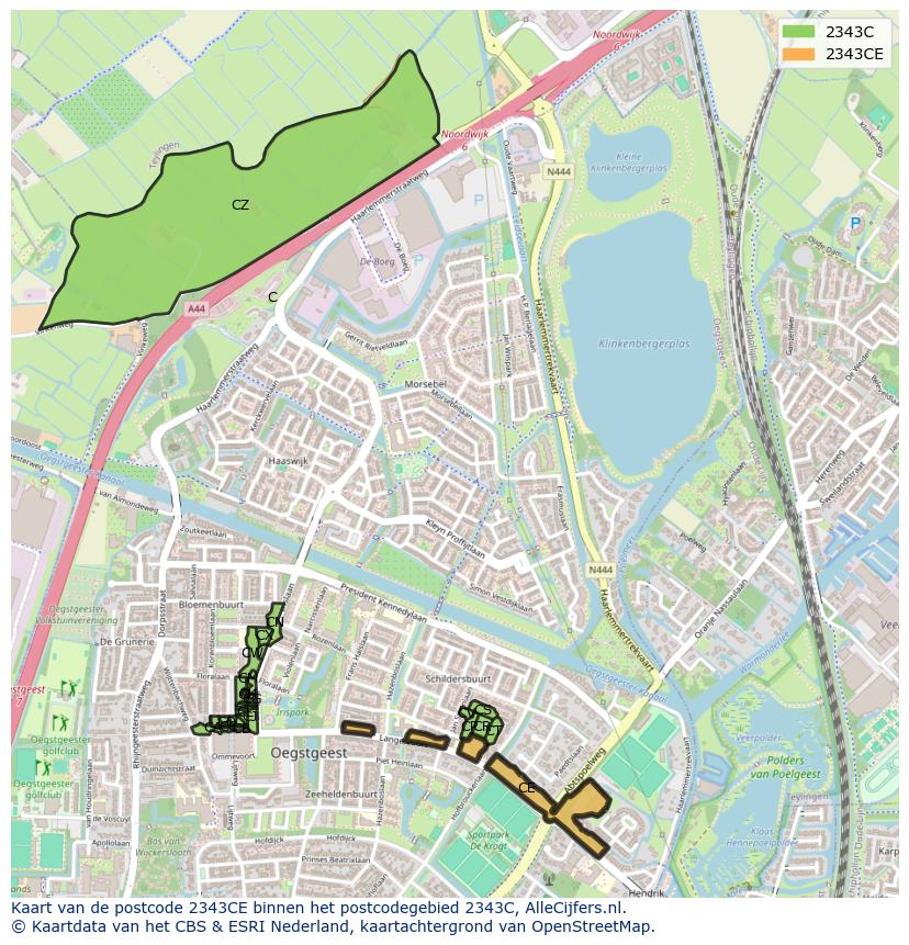 Afbeelding van het postcodegebied 2343 CE op de kaart.