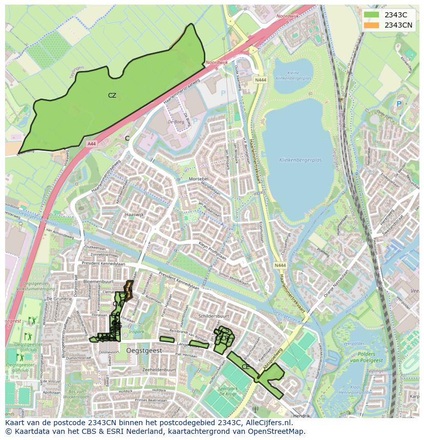 Afbeelding van het postcodegebied 2343 CN op de kaart.