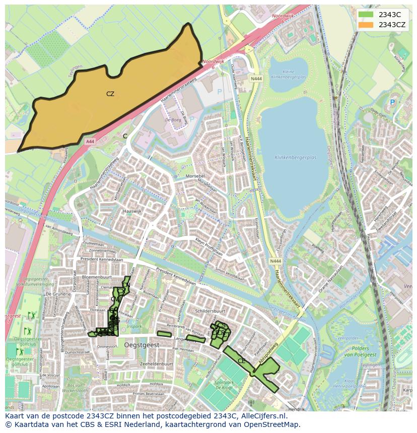 Afbeelding van het postcodegebied 2343 CZ op de kaart.