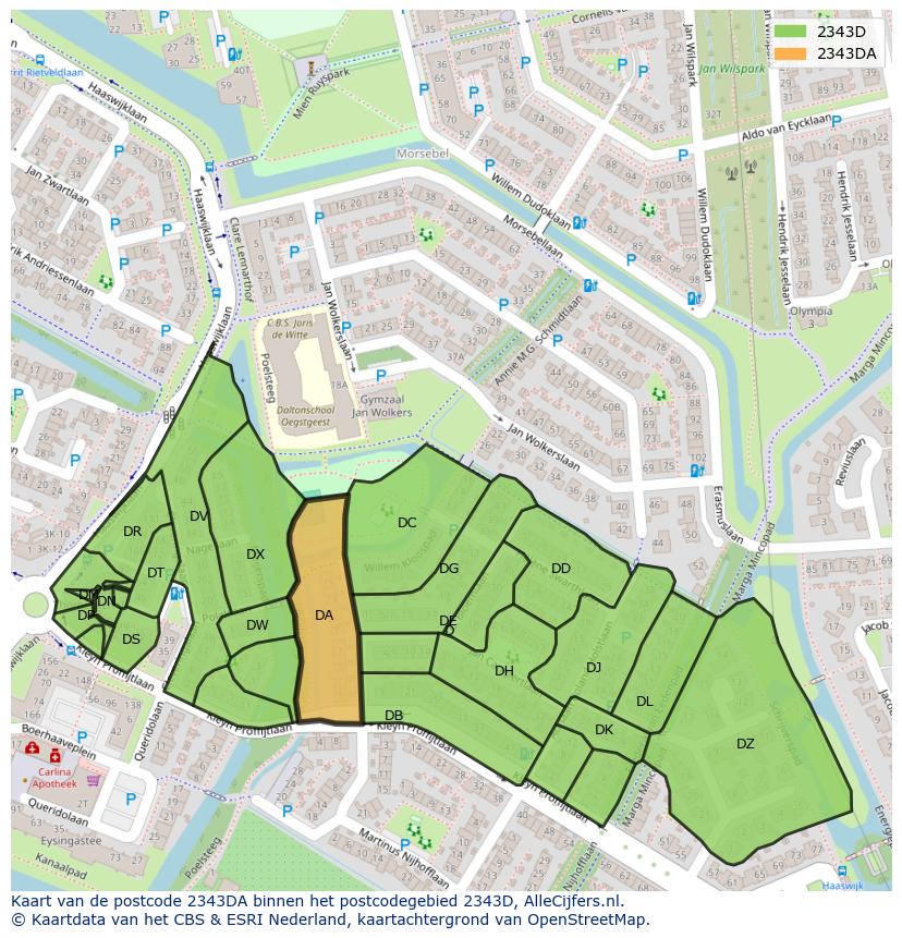 Afbeelding van het postcodegebied 2343 DA op de kaart.