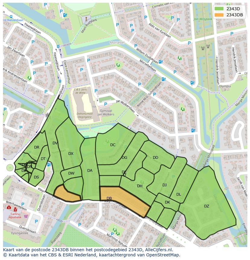 Afbeelding van het postcodegebied 2343 DB op de kaart.