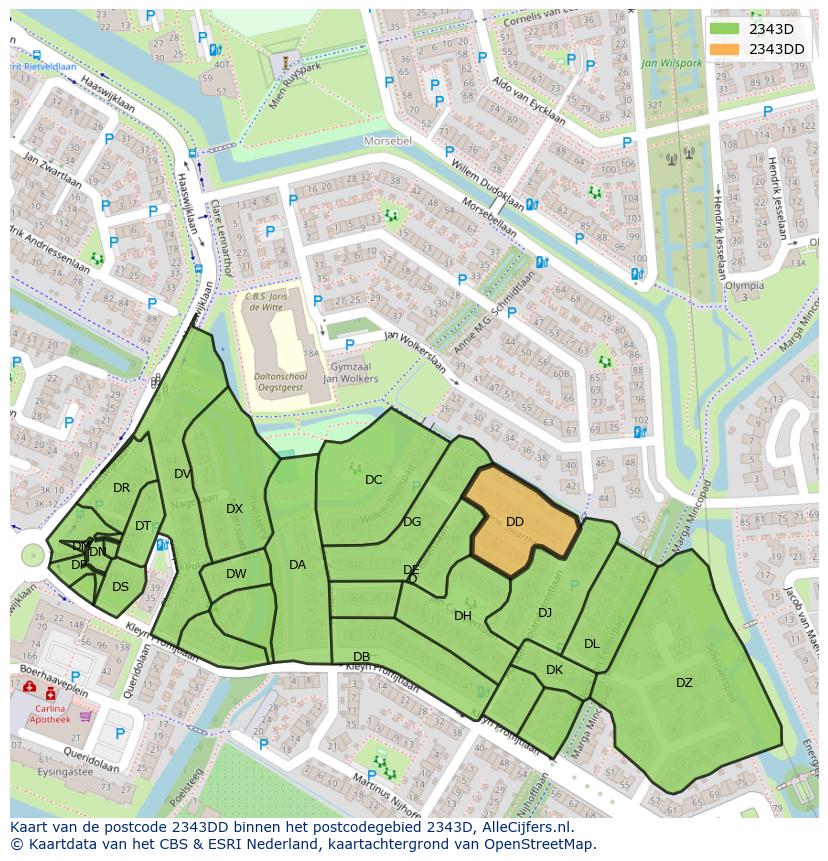 Afbeelding van het postcodegebied 2343 DD op de kaart.