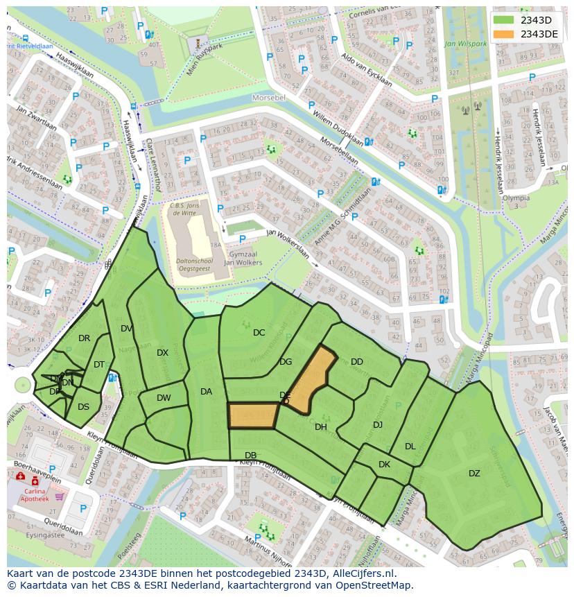 Afbeelding van het postcodegebied 2343 DE op de kaart.