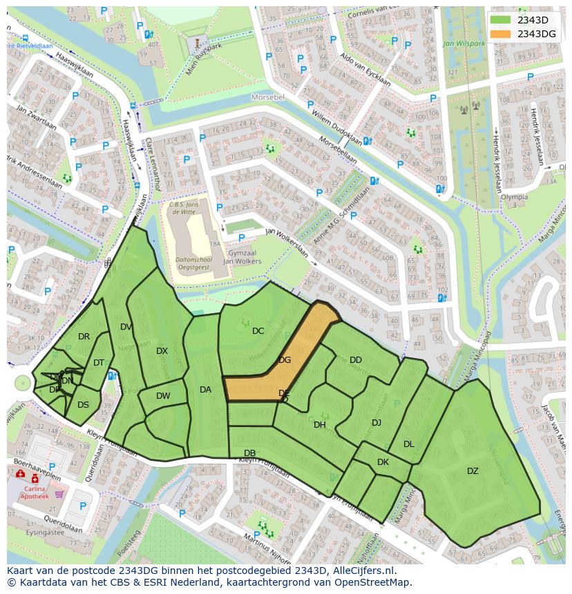 Afbeelding van het postcodegebied 2343 DG op de kaart.