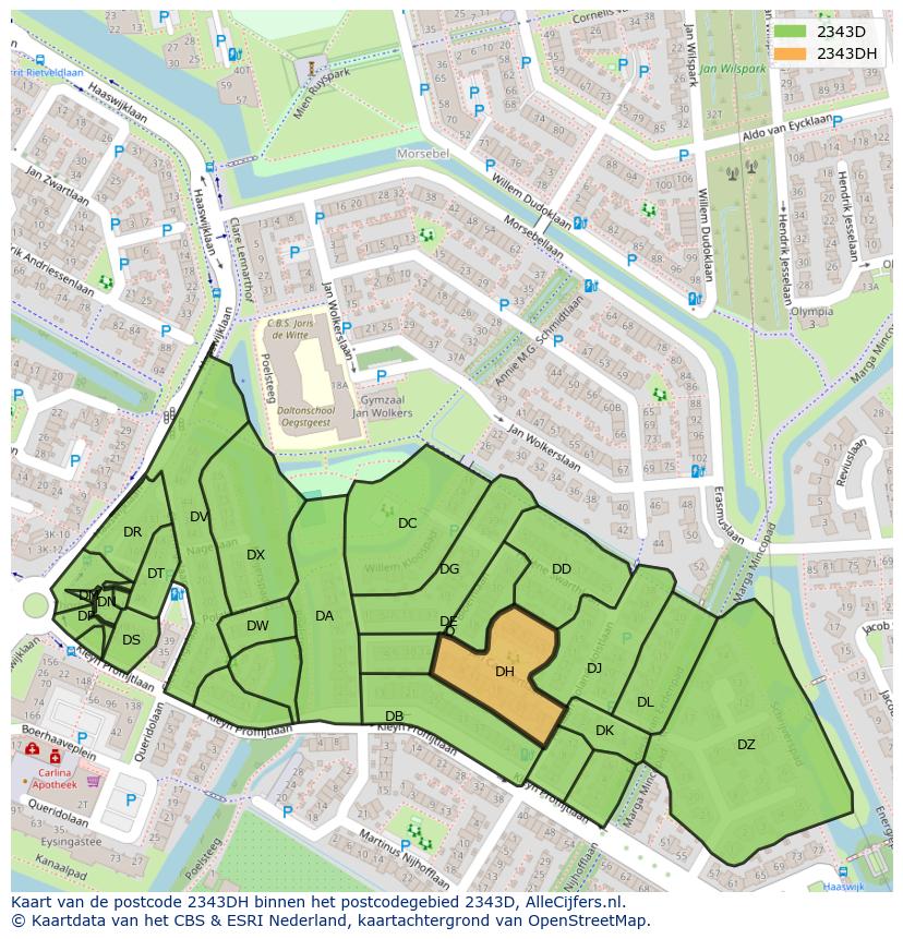 Afbeelding van het postcodegebied 2343 DH op de kaart.