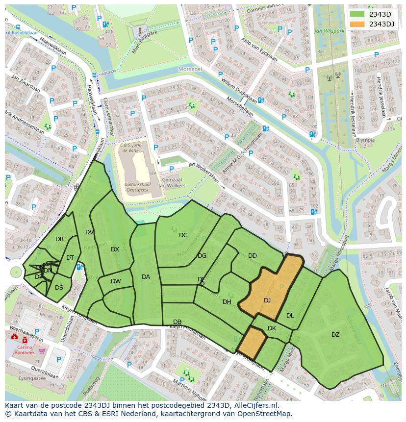 Afbeelding van het postcodegebied 2343 DJ op de kaart.