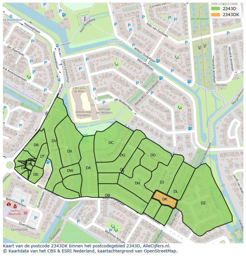 Afbeelding van het postcodegebied 2343 DK op de kaart.