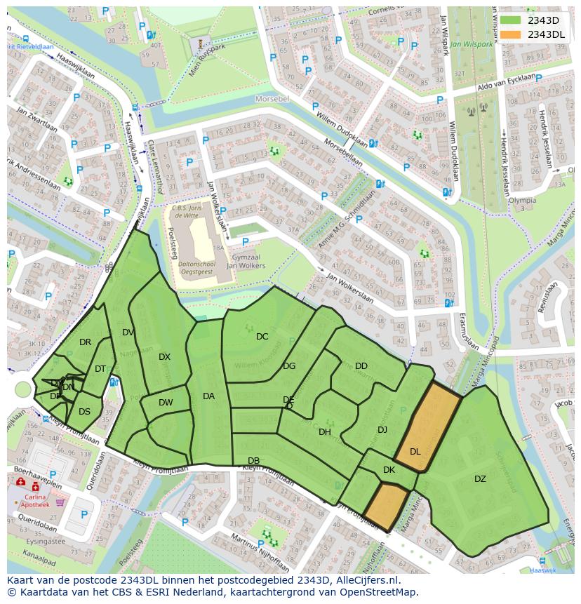 Afbeelding van het postcodegebied 2343 DL op de kaart.
