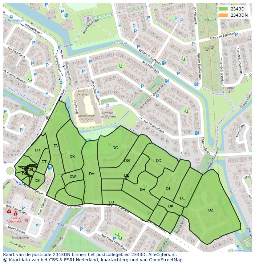 Afbeelding van het postcodegebied 2343 DN op de kaart.