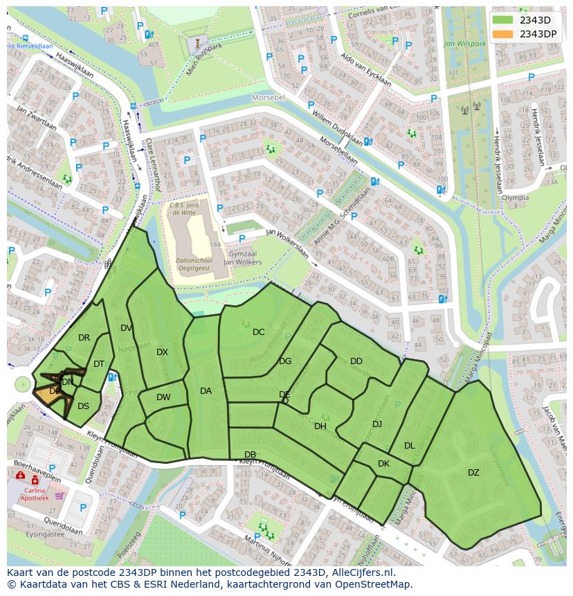 Afbeelding van het postcodegebied 2343 DP op de kaart.