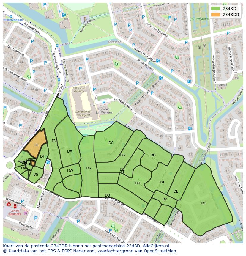 Afbeelding van het postcodegebied 2343 DR op de kaart.