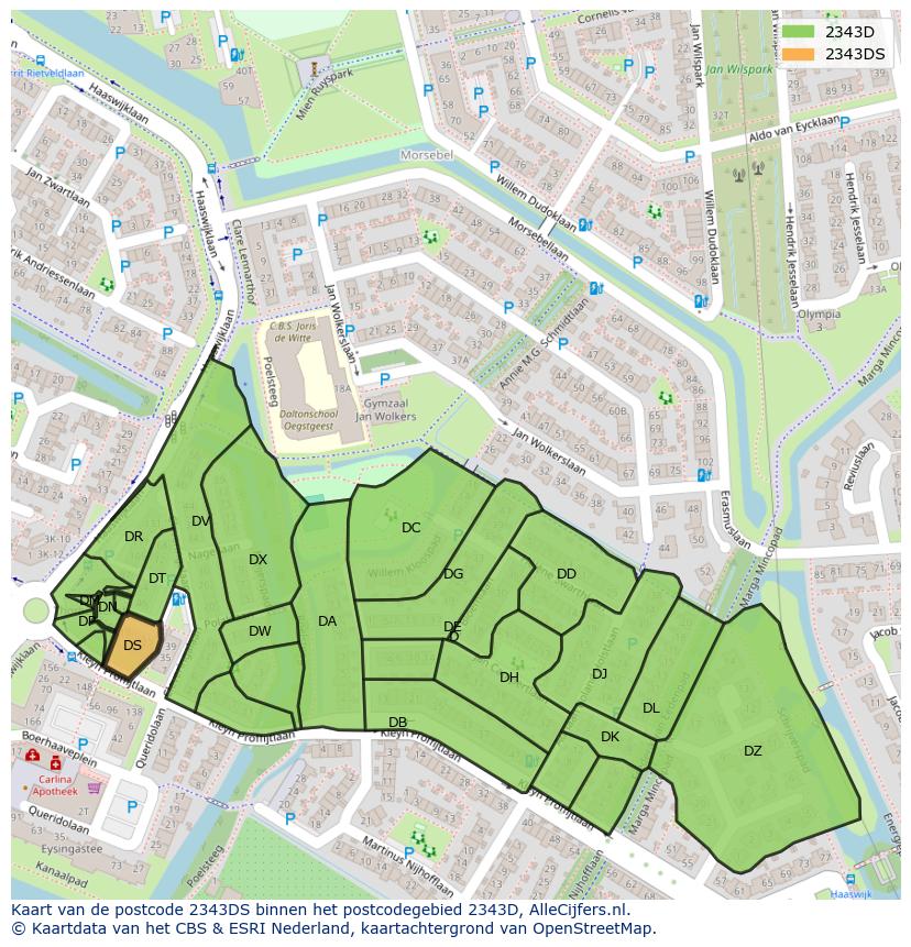 Afbeelding van het postcodegebied 2343 DS op de kaart.