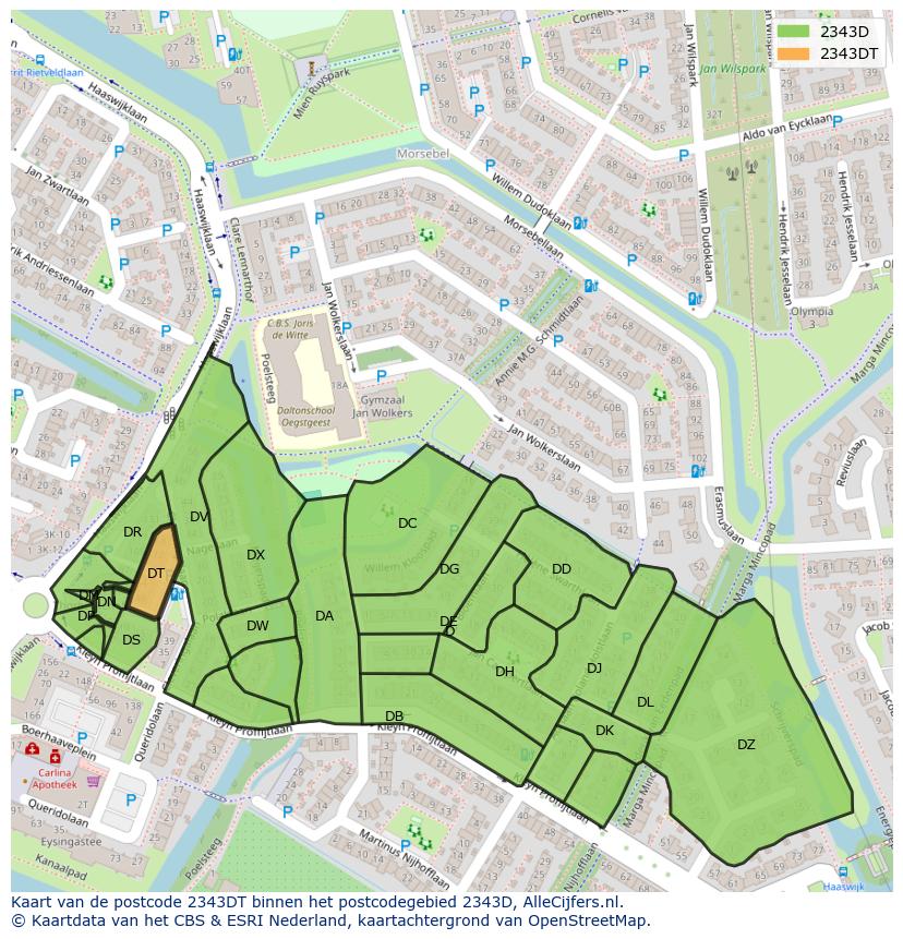 Afbeelding van het postcodegebied 2343 DT op de kaart.