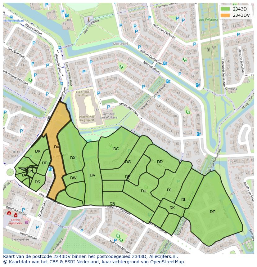 Afbeelding van het postcodegebied 2343 DV op de kaart.