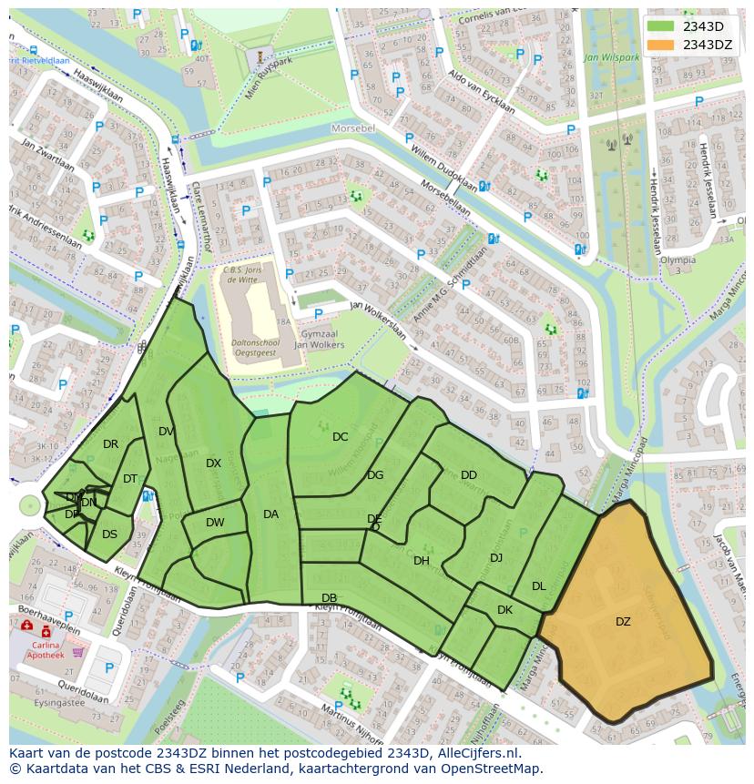 Afbeelding van het postcodegebied 2343 DZ op de kaart.