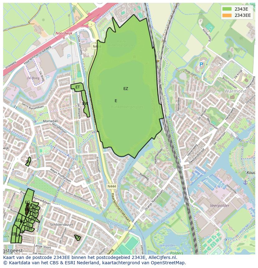 Afbeelding van het postcodegebied 2343 EE op de kaart.