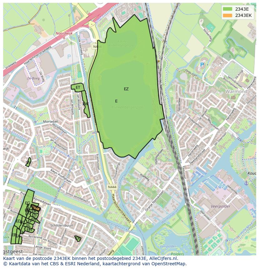 Afbeelding van het postcodegebied 2343 EK op de kaart.