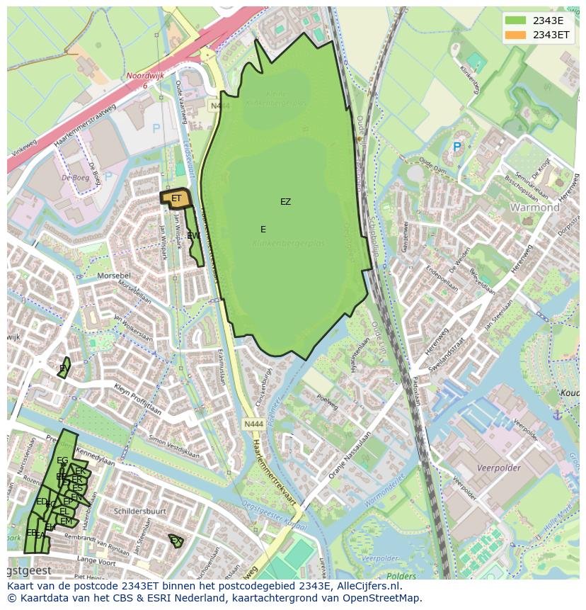 Afbeelding van het postcodegebied 2343 ET op de kaart.
