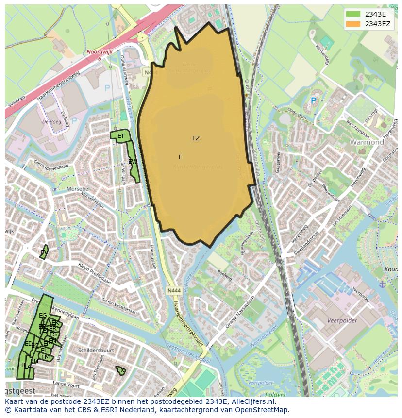 Afbeelding van het postcodegebied 2343 EZ op de kaart.