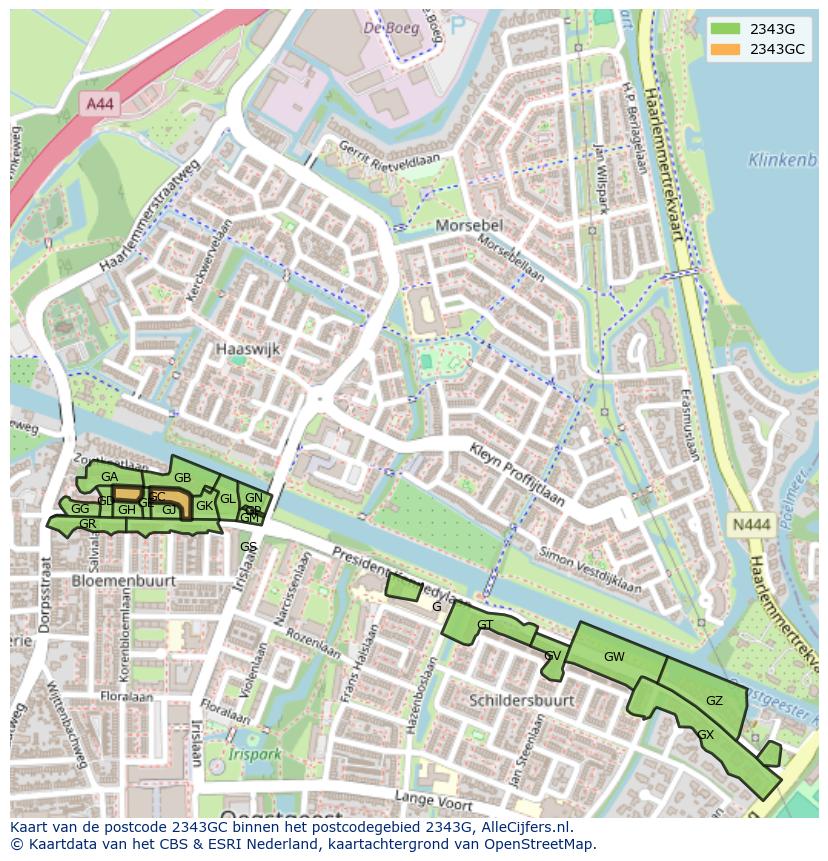 Afbeelding van het postcodegebied 2343 GC op de kaart.