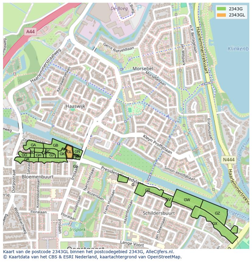 Afbeelding van het postcodegebied 2343 GL op de kaart.