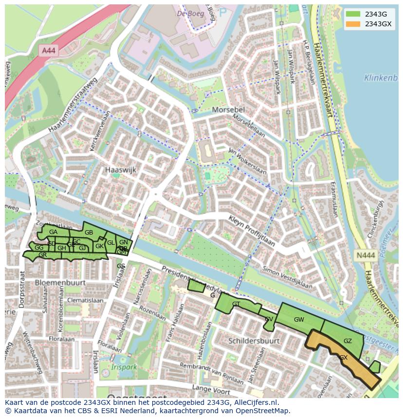 Afbeelding van het postcodegebied 2343 GX op de kaart.