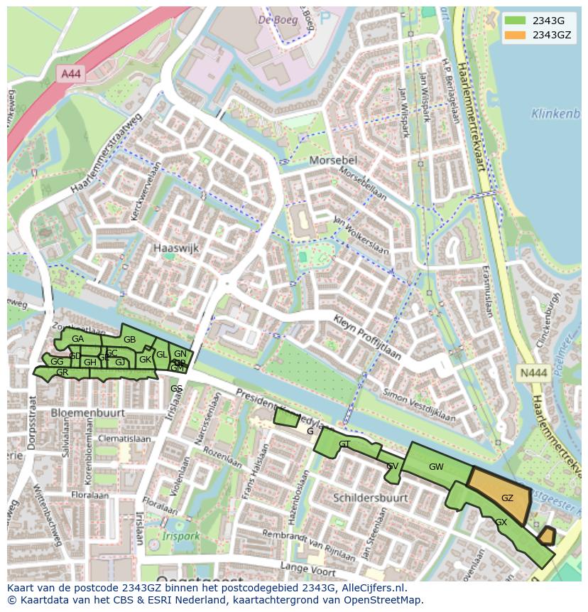 Afbeelding van het postcodegebied 2343 GZ op de kaart.