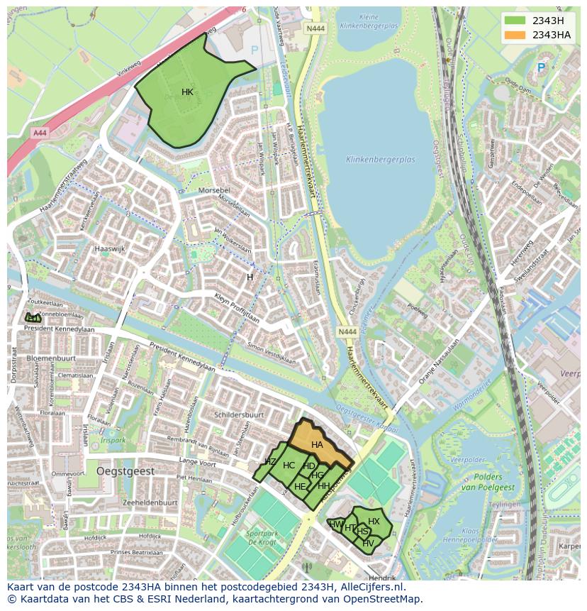 Afbeelding van het postcodegebied 2343 HA op de kaart.