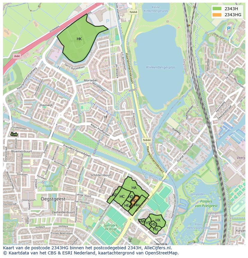 Afbeelding van het postcodegebied 2343 HG op de kaart.
