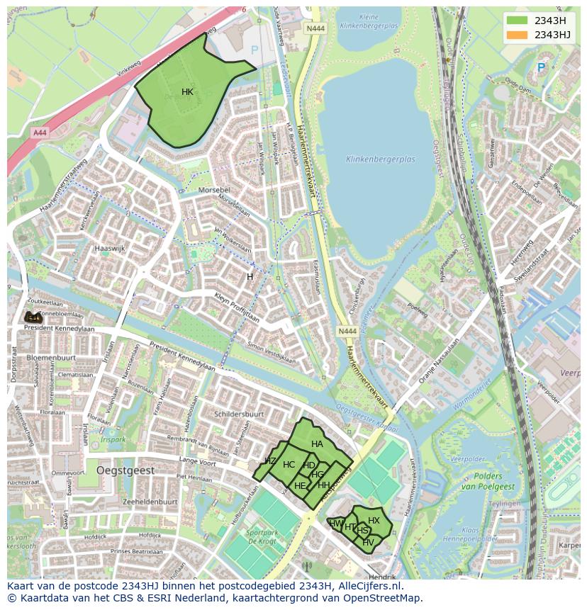 Afbeelding van het postcodegebied 2343 HJ op de kaart.