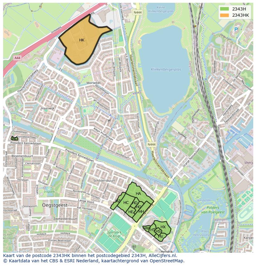 Afbeelding van het postcodegebied 2343 HK op de kaart.