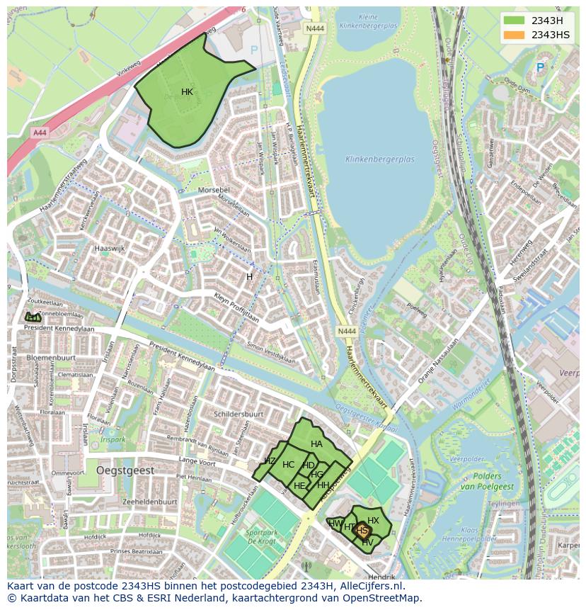 Afbeelding van het postcodegebied 2343 HS op de kaart.