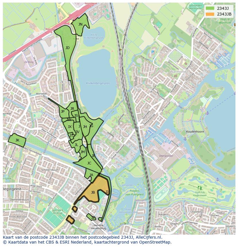 Afbeelding van het postcodegebied 2343 JB op de kaart.