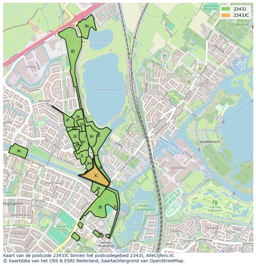 Afbeelding van het postcodegebied 2343 JC op de kaart.