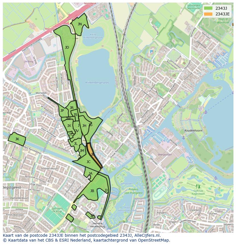 Afbeelding van het postcodegebied 2343 JE op de kaart.