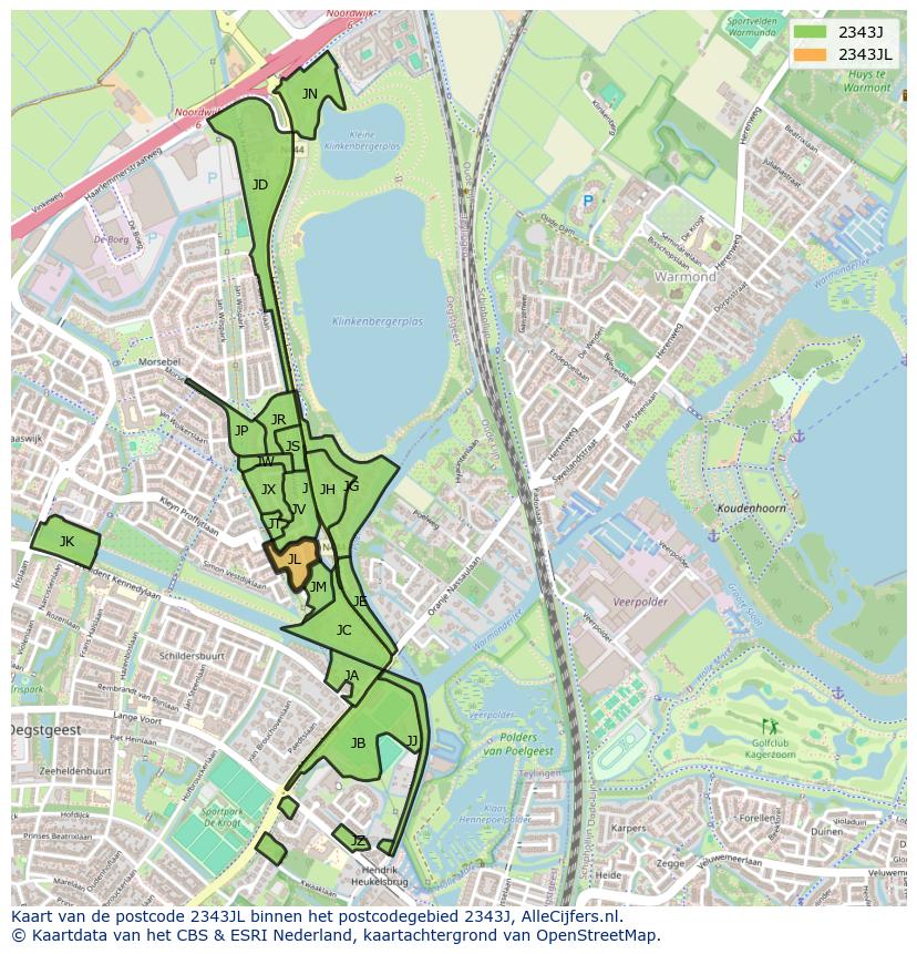 Afbeelding van het postcodegebied 2343 JL op de kaart.