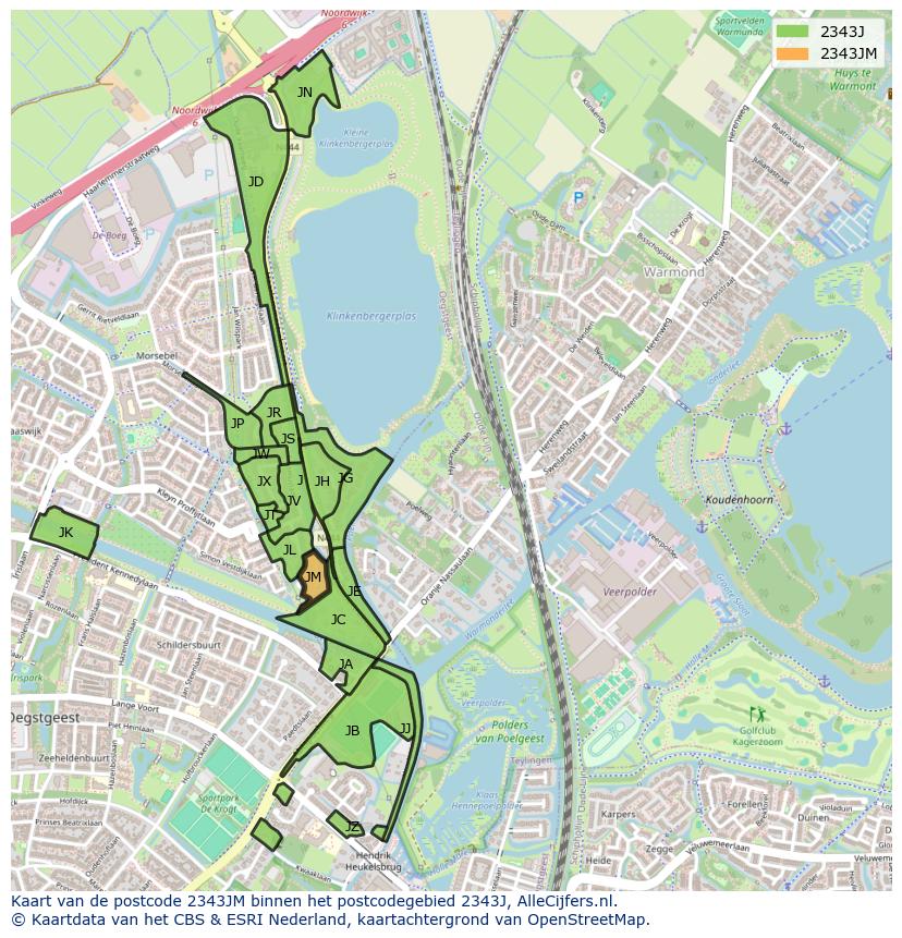 Afbeelding van het postcodegebied 2343 JM op de kaart.