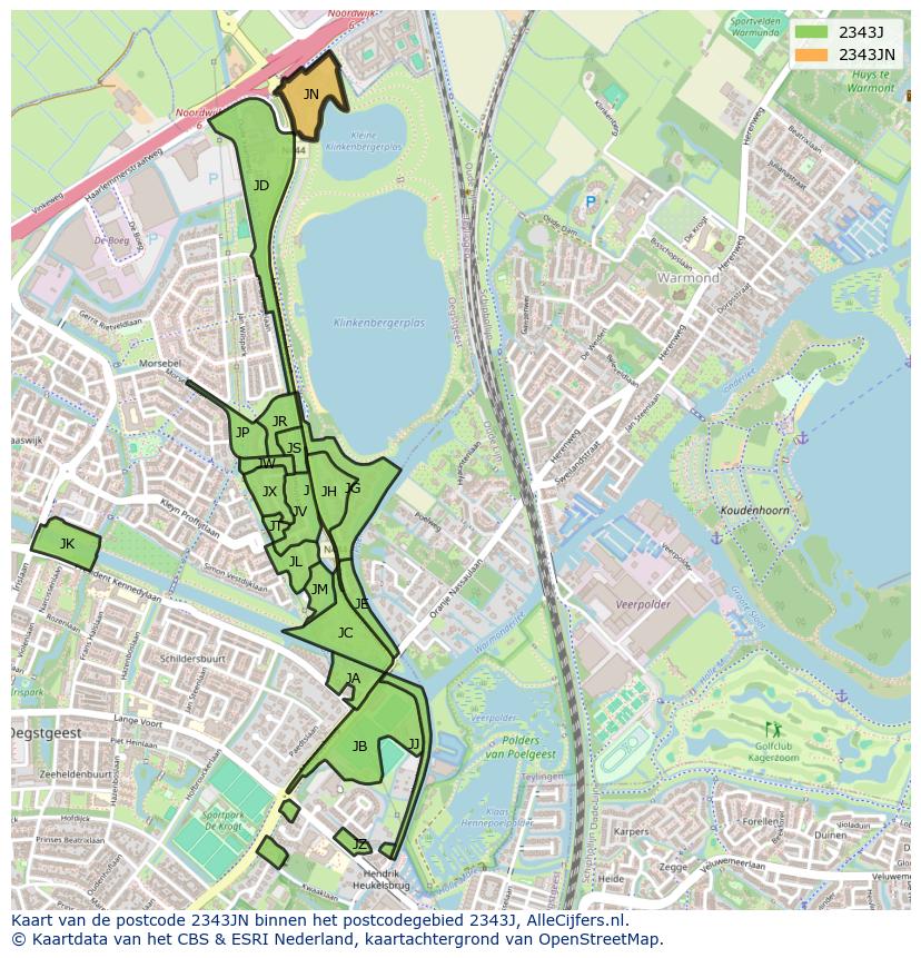 Afbeelding van het postcodegebied 2343 JN op de kaart.