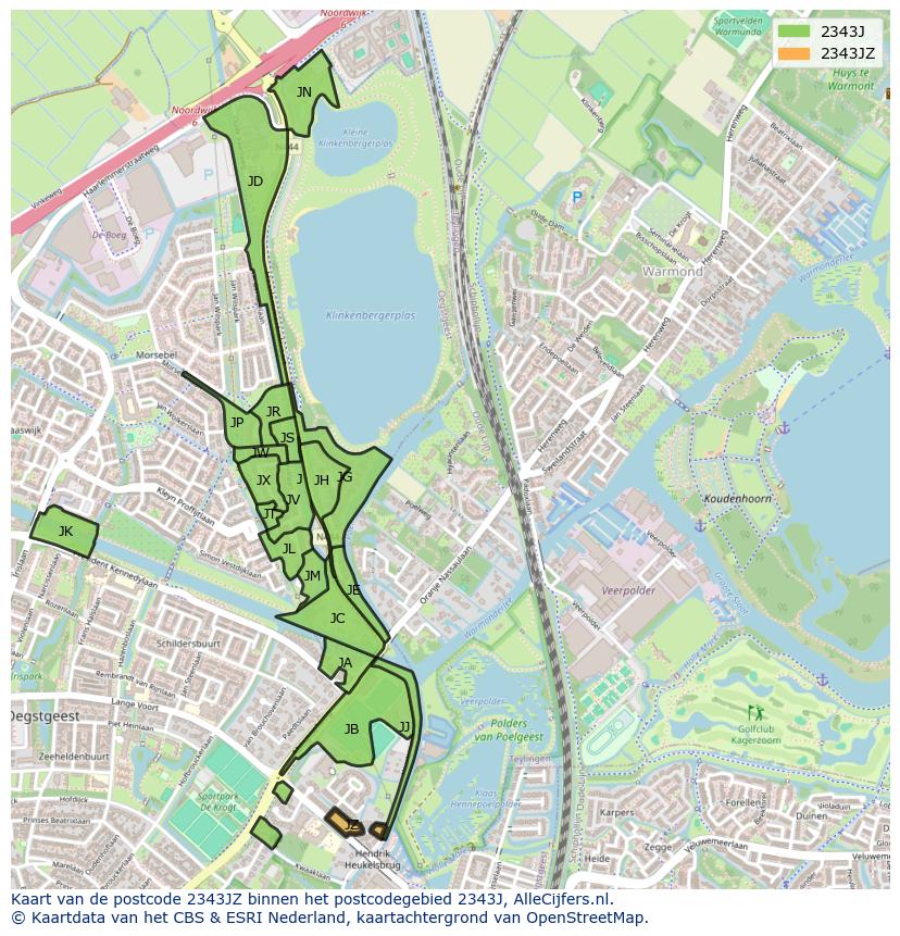 Afbeelding van het postcodegebied 2343 JZ op de kaart.
