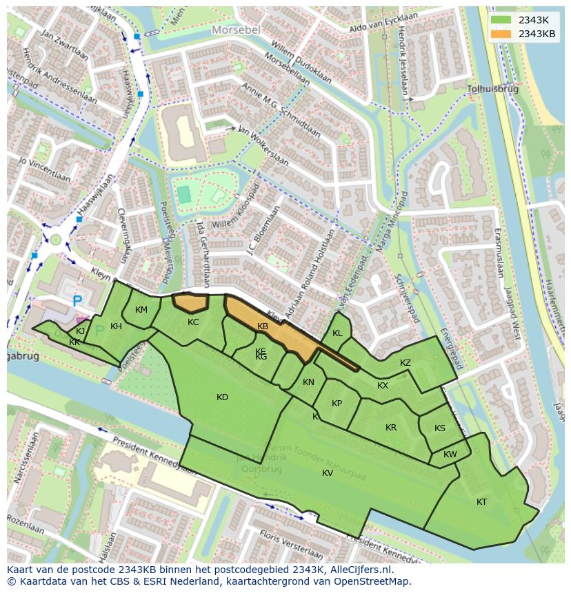 Afbeelding van het postcodegebied 2343 KB op de kaart.
