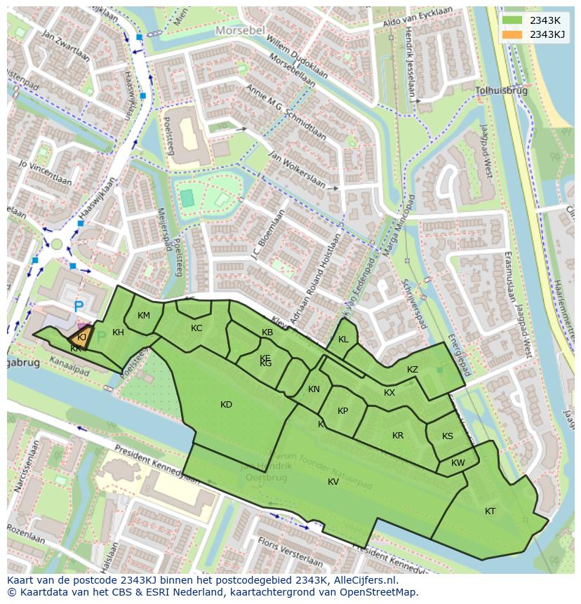 Afbeelding van het postcodegebied 2343 KJ op de kaart.