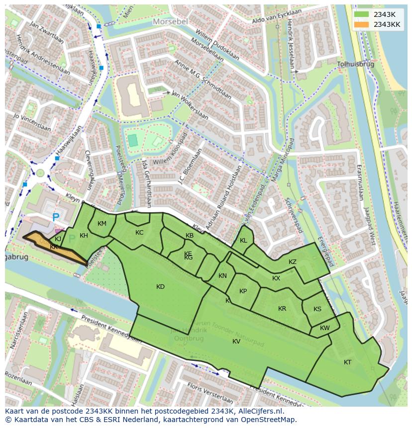 Afbeelding van het postcodegebied 2343 KK op de kaart.